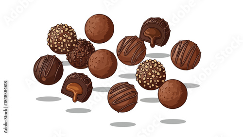 An alluring illustration featuring a delightful assortment of gourmet chocolate truffles, showcasing various textures and a decadent liquid caramel