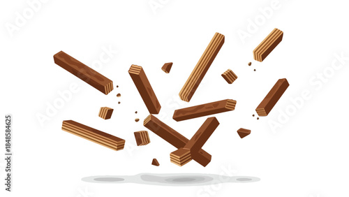 Dynamic illustration of delightful crispy chocolate wafer bars and crumbs gently descending with an inviting rich cocoa flavor appealing to sweet