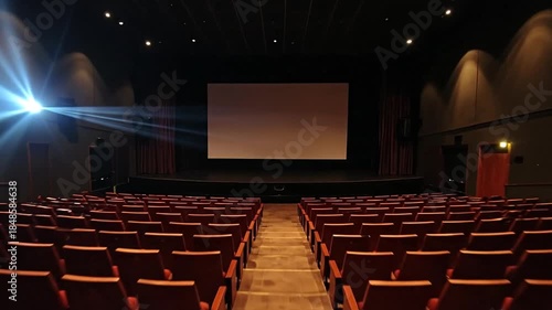 An empty theater interior with rows of seats, a blank screen, and a bright light