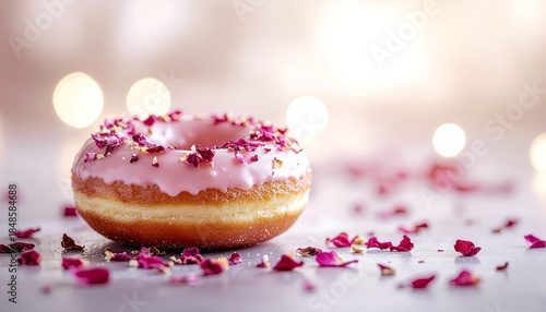 A delicious pink donut with sprinkles and rose petals