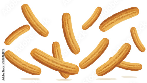 Delicious golden fried pastries scattered across a clean white background, perfect for sweet snack visuals and culinary presentations, offering an