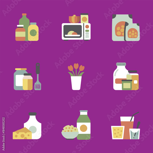 Minimal food grocery kitchen items flat design icon collection vector