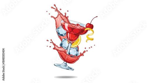 Energetic red cocktail explosion with ice, cherry, and lemon zest creating a refreshing visual delight