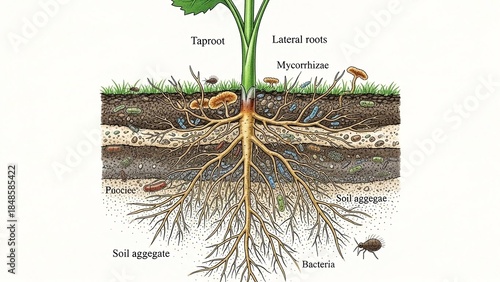 Illustrated plant showing taproot and lateral roots, mycorrhizae, fungus, proocie, soil aggregate, and bacteria within the different soil layers