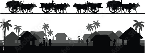 Rural village silhouette with bullock carts, traditional countryside life, ox driven carts, palm trees, people, Indian rural landscape illustration