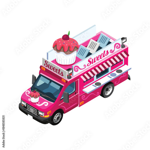 Pink Sweets Food Truck with Giant Cupcake on Roof.