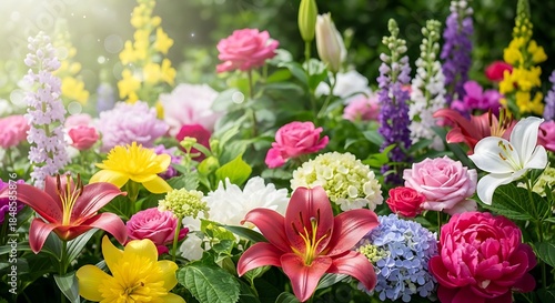 Wallpaper Mural A vibrant garden full of varied flowers in shades of red, pink, yellow, purple, white, and blue. Lush green foliage surrounds the colorful blooms Torontodigital.ca