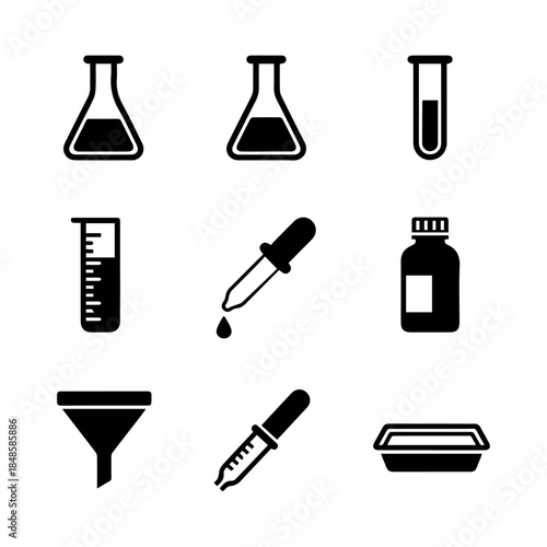A minimalist set of 9 black and white laboratory icons featuring flasks, test tubes, droppers, and funnels for science and medical design.