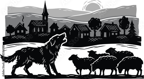 Shepherd dog guarding sheep near village silhouette illustration, rural pastoral landscape scene, traditional livestock protection concept, black and white vector artwork