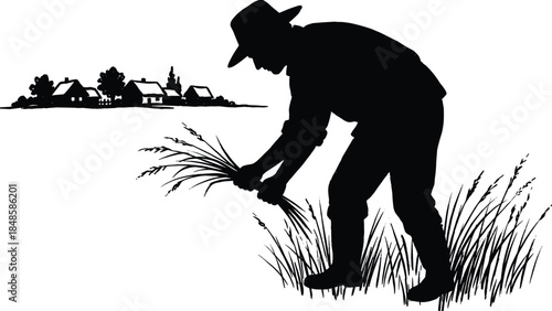 Silhouette illustration of a farmer harvesting crops in rural field with village in distance, depicting traditional agriculture, countryside lifestyle, and hard work.