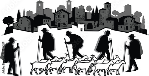 Shepherds walking with goats silhouette illustration, rural village landscape scene, traditional farming lifestyle concept, black and white vector artwork design