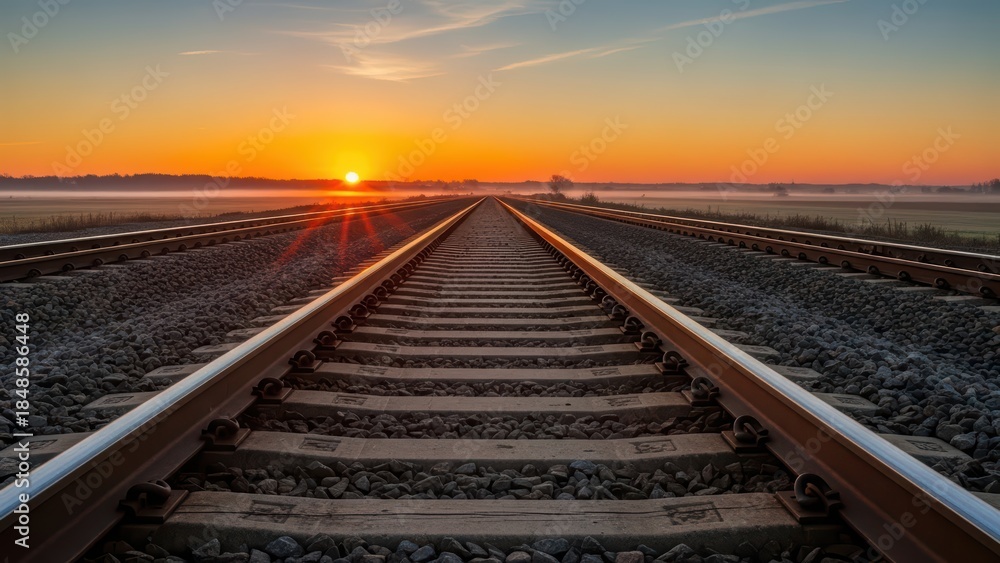 Fototapeta premium Sunrise over railroad tracks with misty field landscape