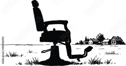 Silhouette illustration of an old barber chair placed in open field with distant rural village, symbolizing nostalgia, tradition, simplicity, and forgotten craftsmanship.