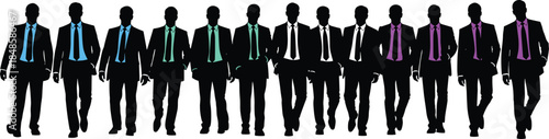 Silhouette illustration of businessmen walking confidently in colorful ties, representing leadership, teamwork, corporate unity, professionalism, modern workforce, and business success concepts.