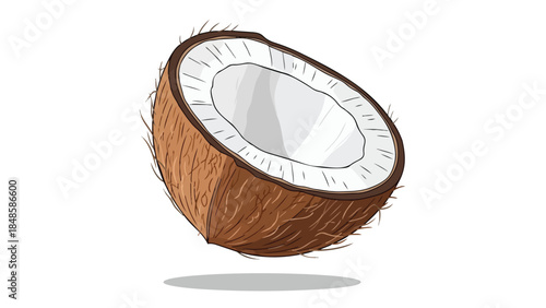 Vibrant digital illustration of a fresh tropical coconut half, showcasing its textured brown husk and bright white edible interior, ideal for