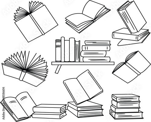 Set of hand drawn book doodles with open pages and stacks, library education vector illustration for reading design