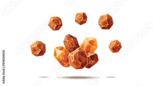 Stylized earth-toned mineral cluster with floating faceted nuggets and crystalline structures representing precious cosmic ore in a bright clean