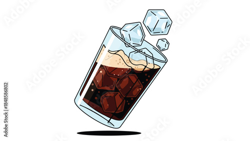 Refreshing dark carbonated beverage in a tilted glass with ice cubes dynamically splashing upwards
