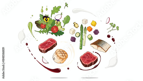 An illustrative culinary composition featuring premium meats, delicate seafood, and vibrant vegetables, artfully arranged for a sophisticated