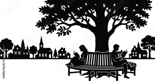 Silhouette illustration of two people reading on circular bench under large tree, with peaceful village backdrop, depicting relaxation, learning, nature, and quiet lifestyle.
