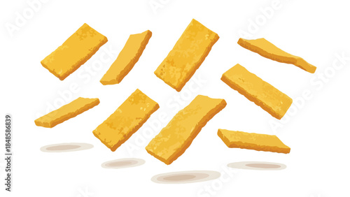 Dynamic arrangement of golden snack pieces against a pristine white background, showcasing culinary delight and crispy texture visually appealing