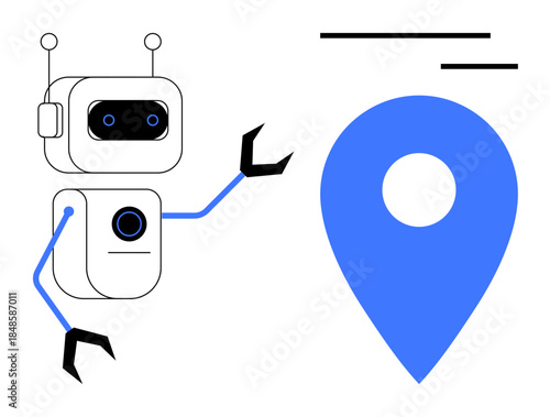 Artificial intelligence, robotics, mapping, geolocation, navigation, automation applications. Robot reaching toward a blue location pin symbol. Artificial intelligence and geolocation concept