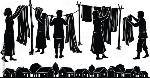 Silhouette illustration of villagers hanging clothes to dry on outdoor lines, depicting traditional rural chores, community cooperation, daily lifestyle, and simple countryside living.