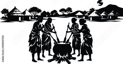 Silhouette illustration of women cooking together over large pot on open fire in rural village, depicting traditional communal food preparation and cultural lifestyle.