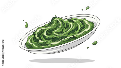 Fresh green creamy vegetable puree artistically presented in a pristine white serving bowl a modern illustration emphasizing healthy cuisine and