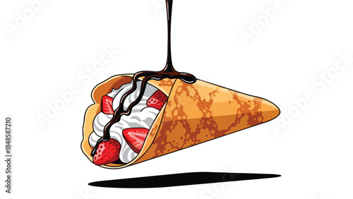 Sweet strawberry and cream crepe drizzled with rich chocolate syrup, a delightful confectionary delight.