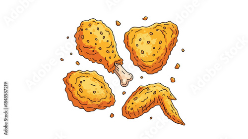 Golden crispy fried chicken pieces illustration showcasing a drumstick, wing, and savory cuts. Perfect for fast-food ads, menus, and culinary designs