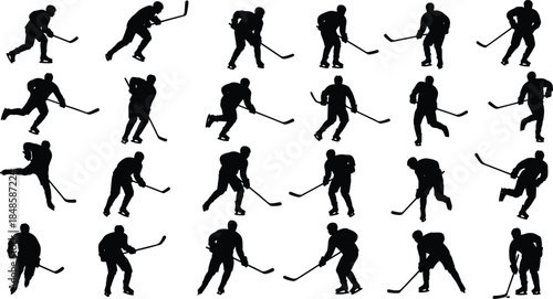 Silhouette illustration set of hockey players in various action poses, depicting skating, shooting, and athletic movement for sports design, training visuals, and team concepts.