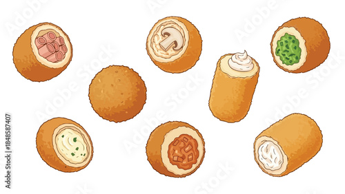 Collection of diverse golden crispy breaded fried appetizers, showcasing various savory fillings including ham, mushroom, and vegetable options,