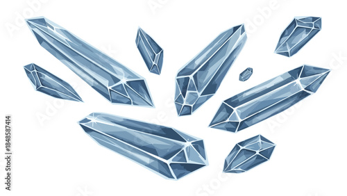 A dynamic arrangement of geometric blue crystal shards sparkling with ethereal light against a pristine white backdrop, perfect for mystical themes
