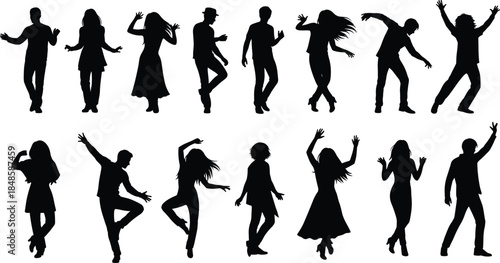 Silhouette illustration set of people dancing in expressive poses, showcasing joyful movement, rhythm, celebration, nightlife energy, and creative motion for design projects.
