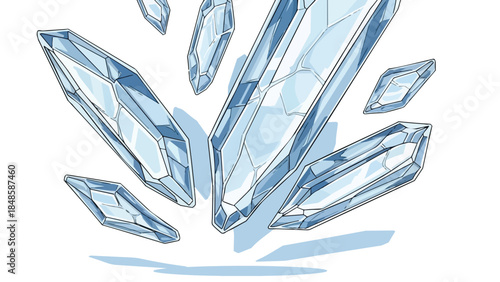 Elegant geometric illustration of glistening translucent ice-like crystal fragments featuring sharp edges and cool blue gradients creating a