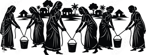 Silhouette of village women collecting water with buckets near rural homes, illustrating traditional daily responsibilities, cultural unity, cooperation, and simple countryside lifestyle.