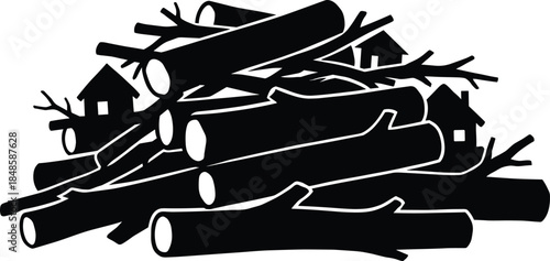 Stacked firewood logs silhouette illustration, rural village fuel supply scene, cut tree trunks pile, traditional heating resource vector isolated on white