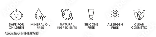 Organic and natural cosmetic line icons. Skincare symbol. Allergen free badges. Beauty product. Clean cosmetic. Non toxic logo. Eco, vegan label. Safe for children. Vector illustration