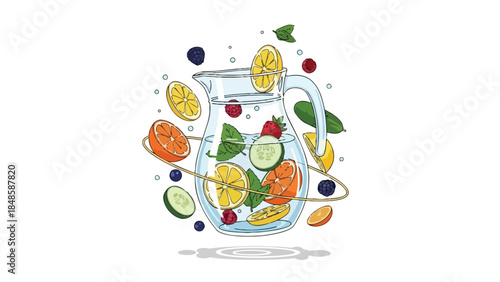 Vibrant fruit-infused water in a clear pitcher showcasing refreshing citrus berries and cucumber slices swirling dynamically promoting hydration and