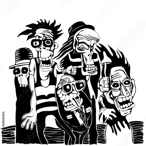 Zombies Wearing Sunglasses and Hats on White Background