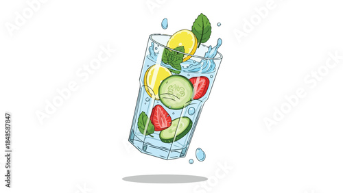 A refreshing cartoon illustration of infused water featuring zesty lemon slices crisp cucumber vibrant strawberries and aromatic mint leaves