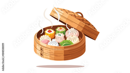 Steaming bamboo basket filled with a delightful assortment of freshly prepared colorful dim sum dumplings a traditional culinary experience from