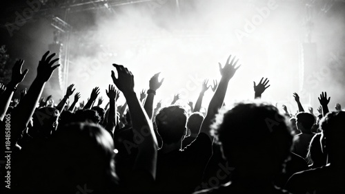 Crowd raising hands at live concert in black and white