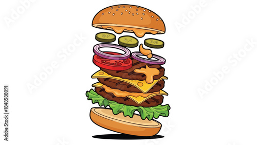 Exploding triple cheeseburger with fresh ingredients floating in delicious layers