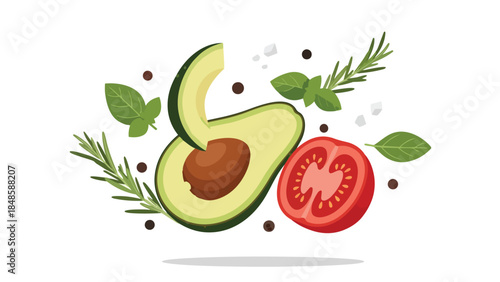 Vibrant illustration of fresh avocado, tomato, and aromatic herbs with seasoning, embodying healthy cooking concepts.