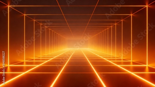 Futuristic glowing orange tunnel with neon perspective grid