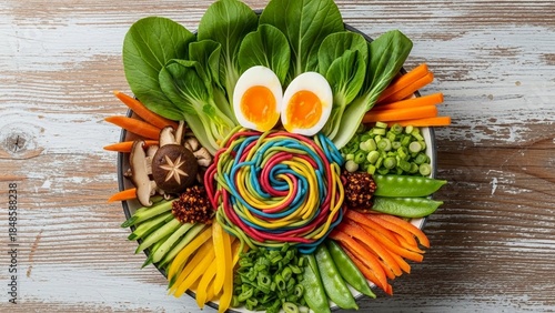 Eye catching rainbow noodle bowl with bok choy, eggs, carrot strips, peas, and an assortment of fresh vegetables on a rustic table