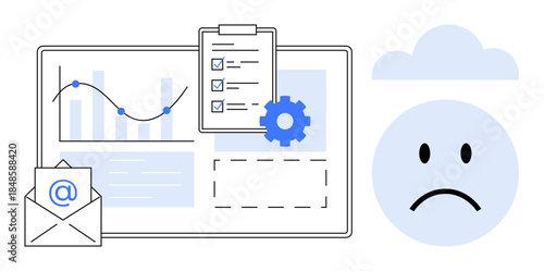 Data management visual. Data tools with analytics charts, settings, communication, and a cloud sad face highlighting challenges. Data analytics, digital workflows, troubleshooting. Messaging IT
