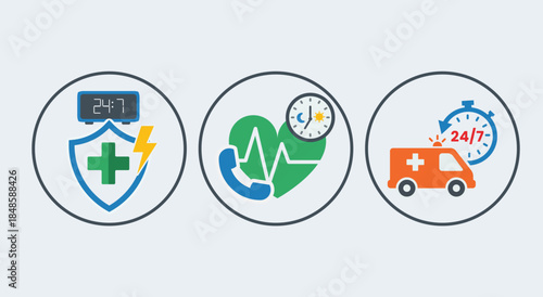 24/7 Healthcare Support and Ambulance Icons.